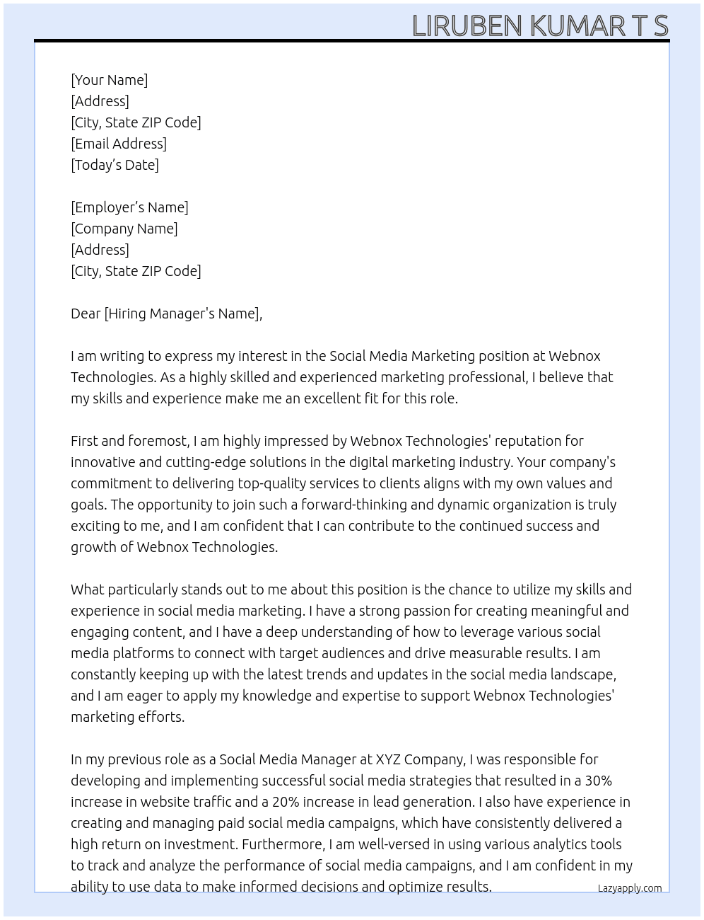 Social media marketing At Webnox technologies Cover Letter