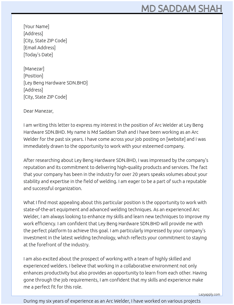 Arc welding  At Ley Beng Hardware SDN.BHD Cover Letter
