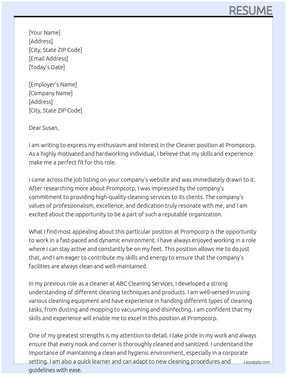 Cleaner At Prompcorp Cover Letter