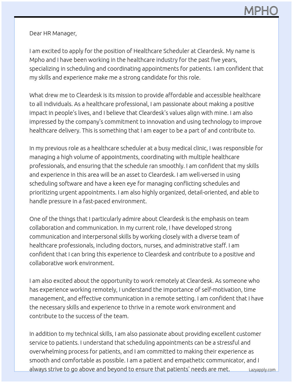 Healthcare scheduler  At Cleardesk Cover Letter