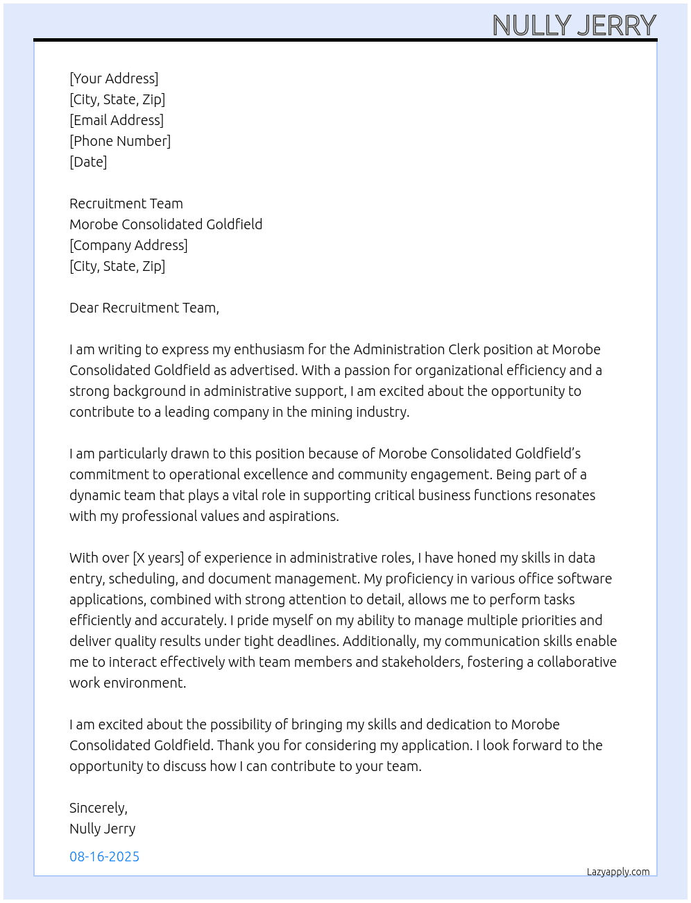 Administration Clerk At Morobe Consolidated Goldfield Cover Letter