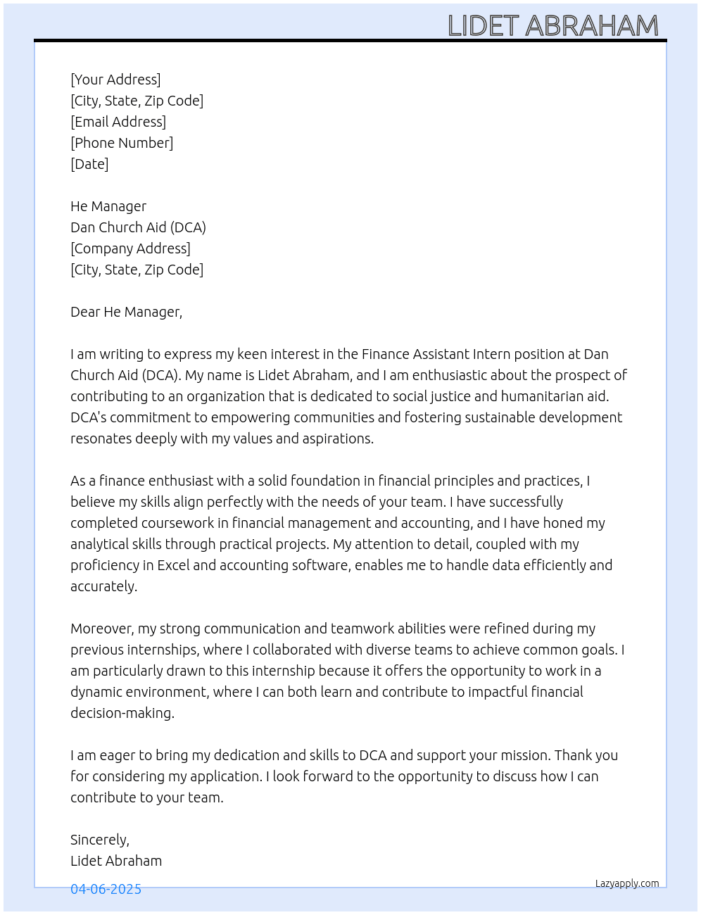 Cover letter for finance assistant- intern-female - LazyApply
