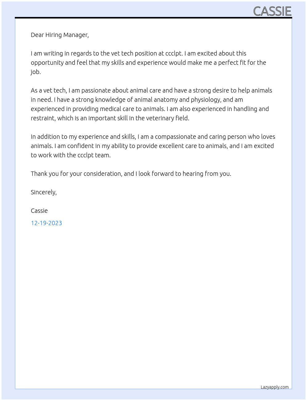 vet tech At ccclpt Cover Letter
