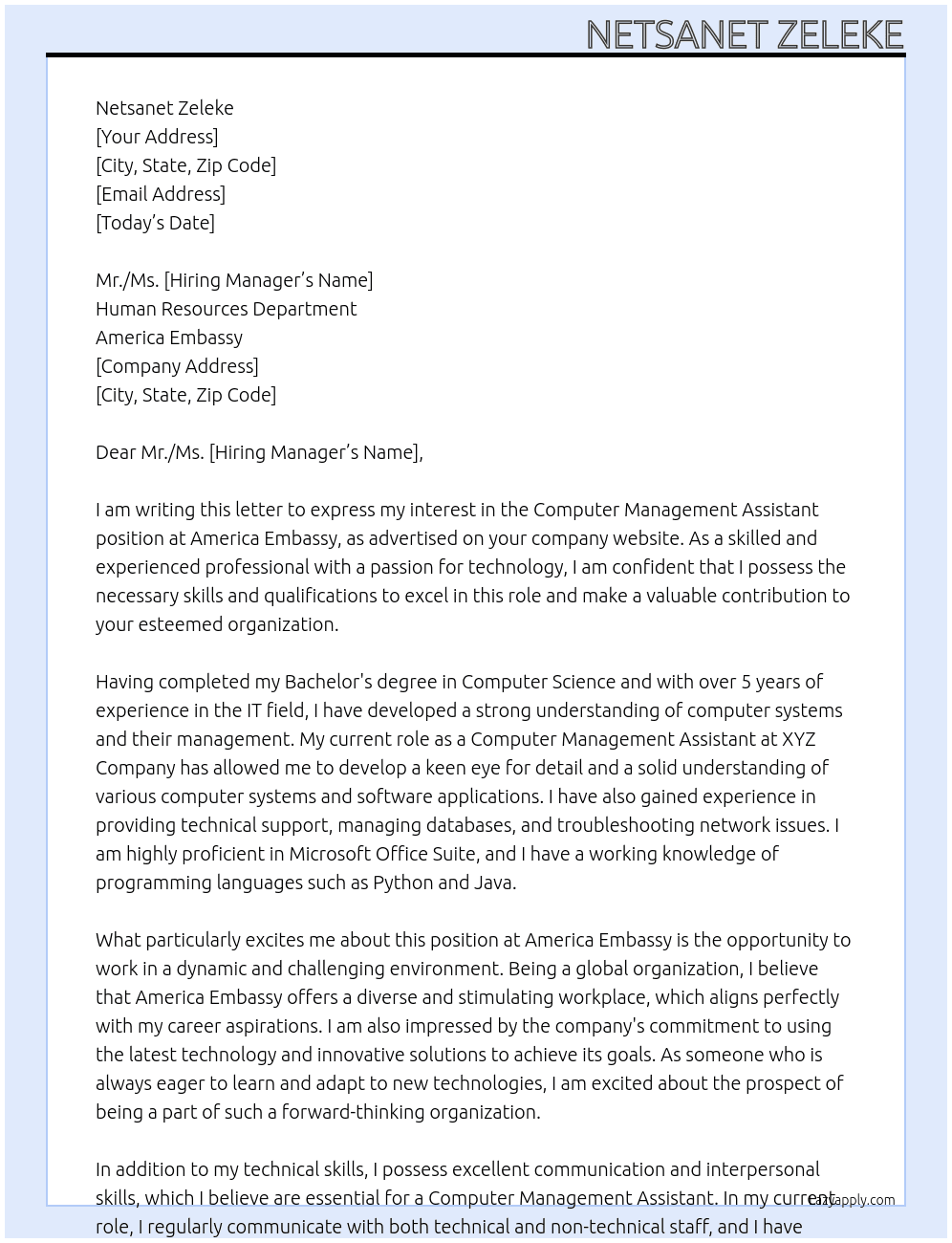 computer  management assistant At America Embassy Cover Letter