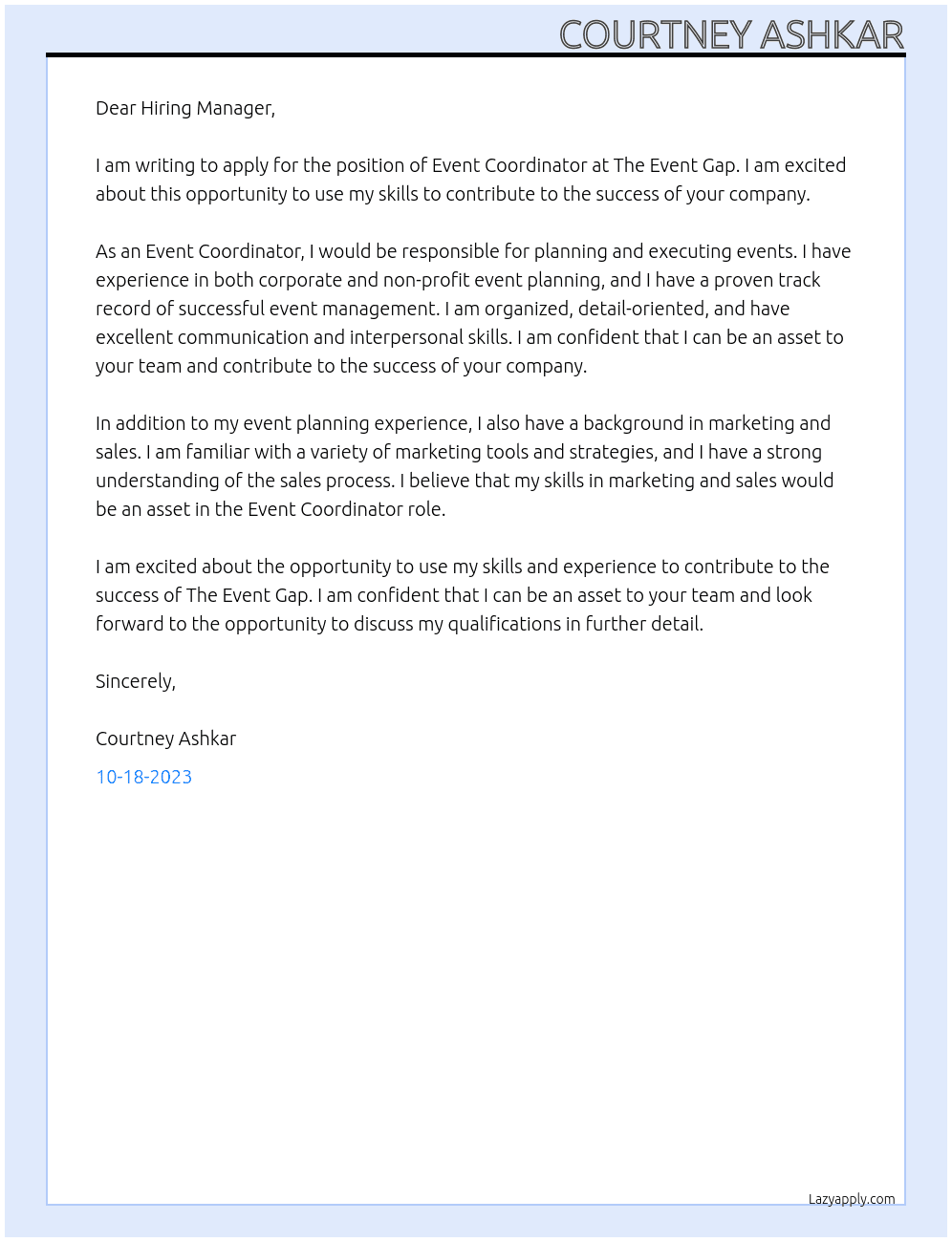 Event Coordinator At The Event Gap Cover Letter