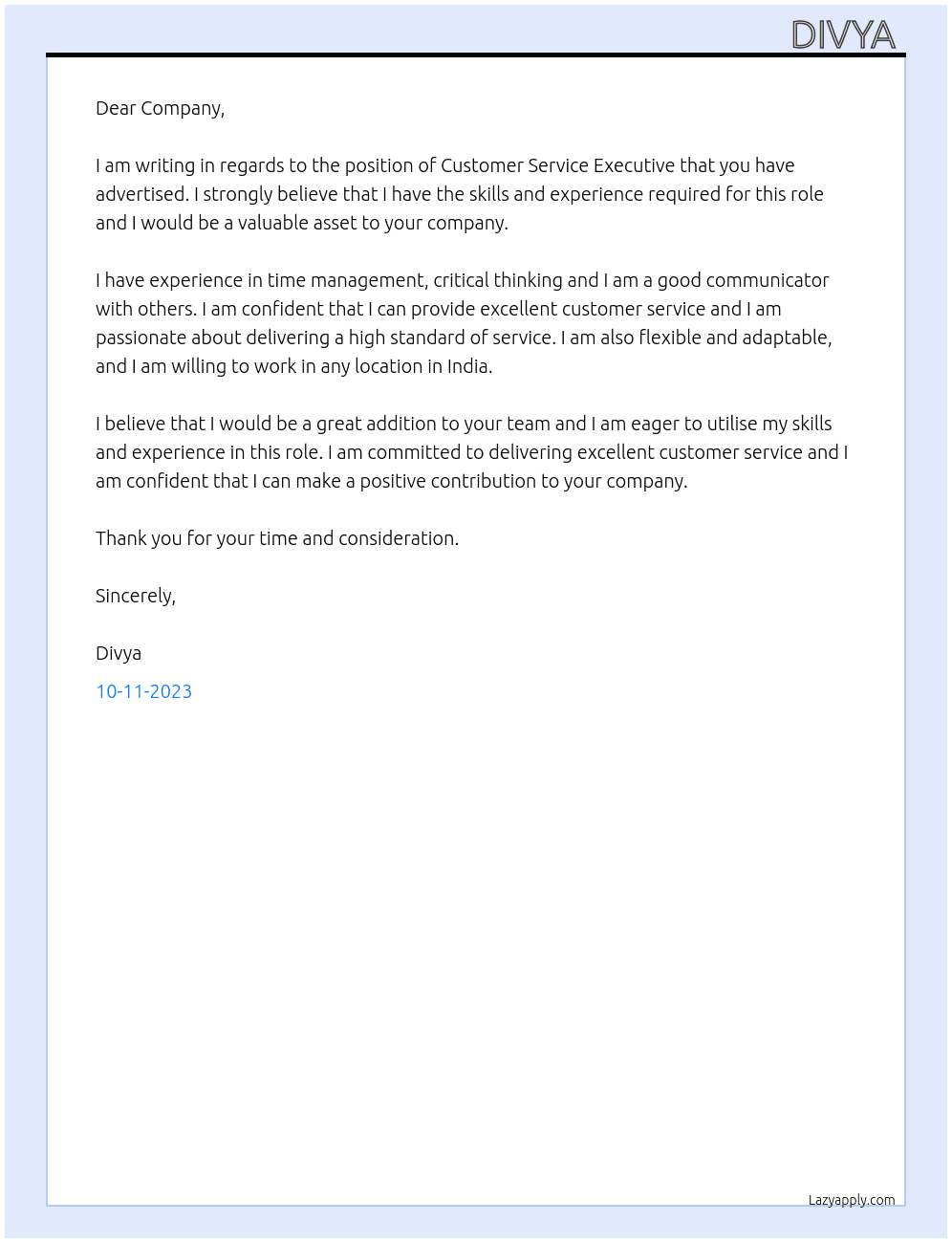 CUSTAMOR SERVICE EXACUTIVE At TATA COMMINICATIONS Cover Letter