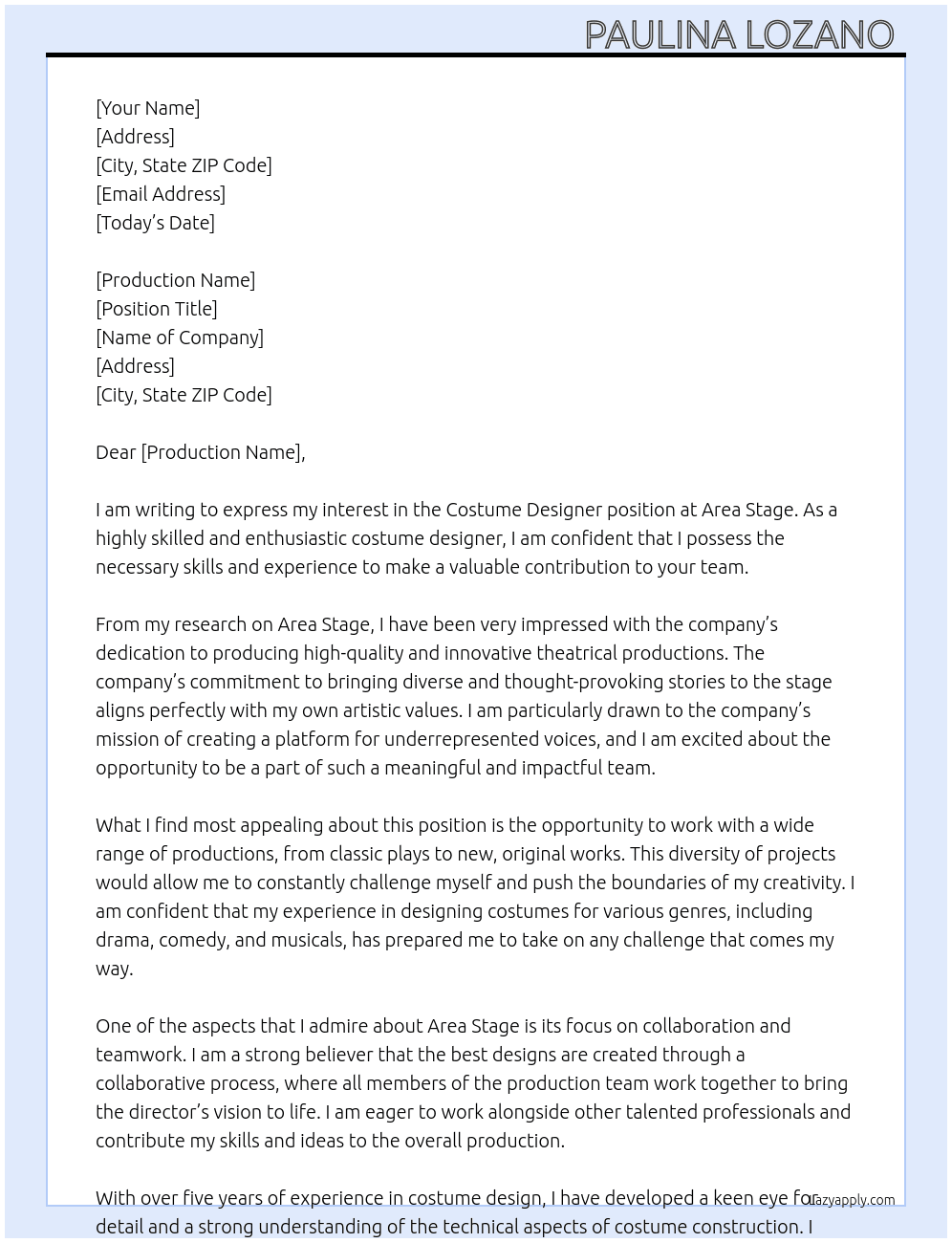 Costume Designer At Area Stage  Cover Letter