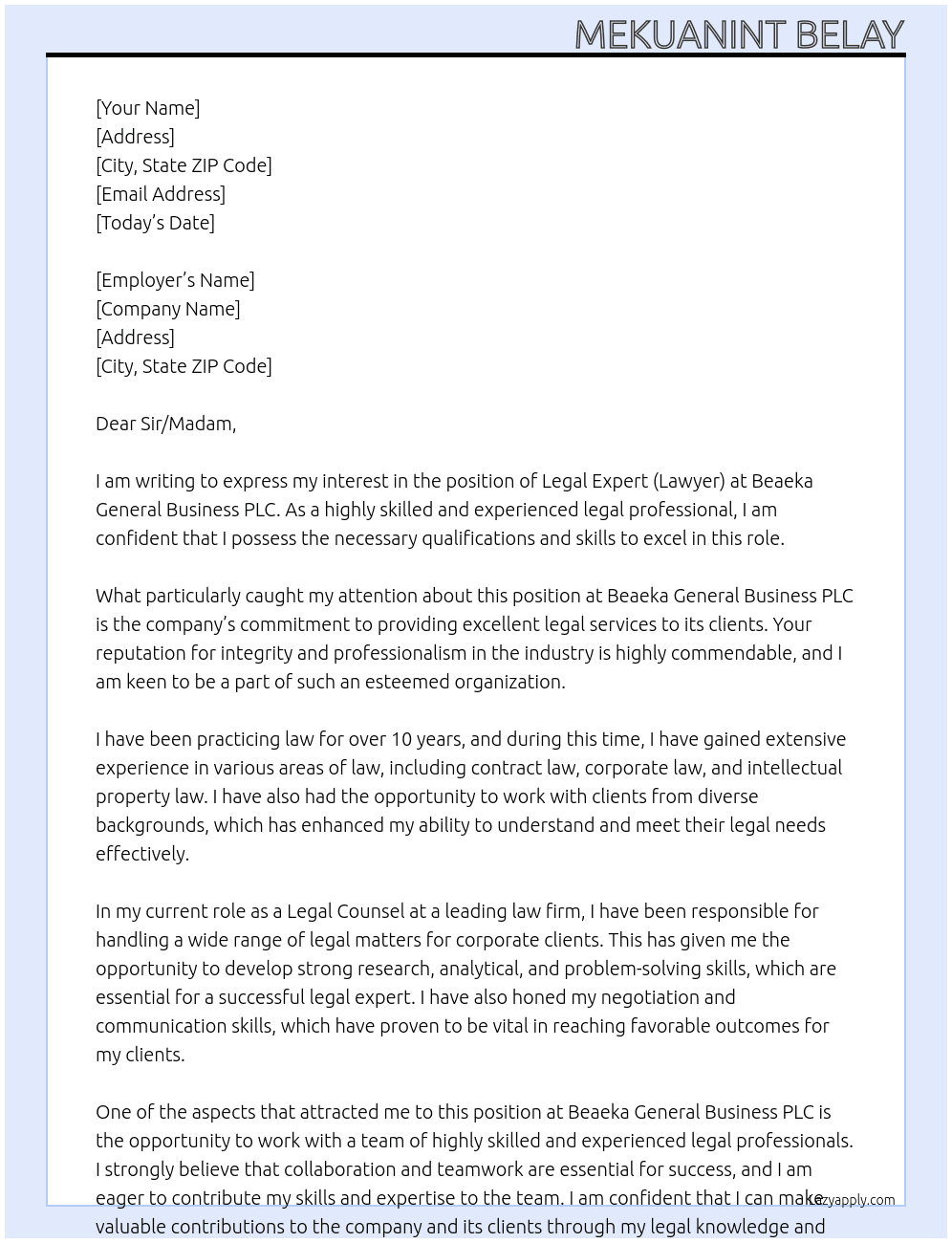 Legal Expert (Lawyer)  At  Beaeka General Business PLC Cover Letter