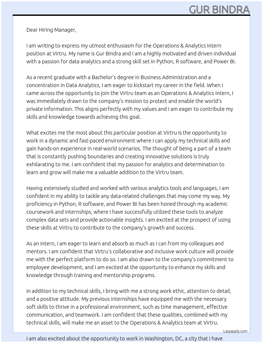 Cover letter for operations & analytics intern - LazyApply