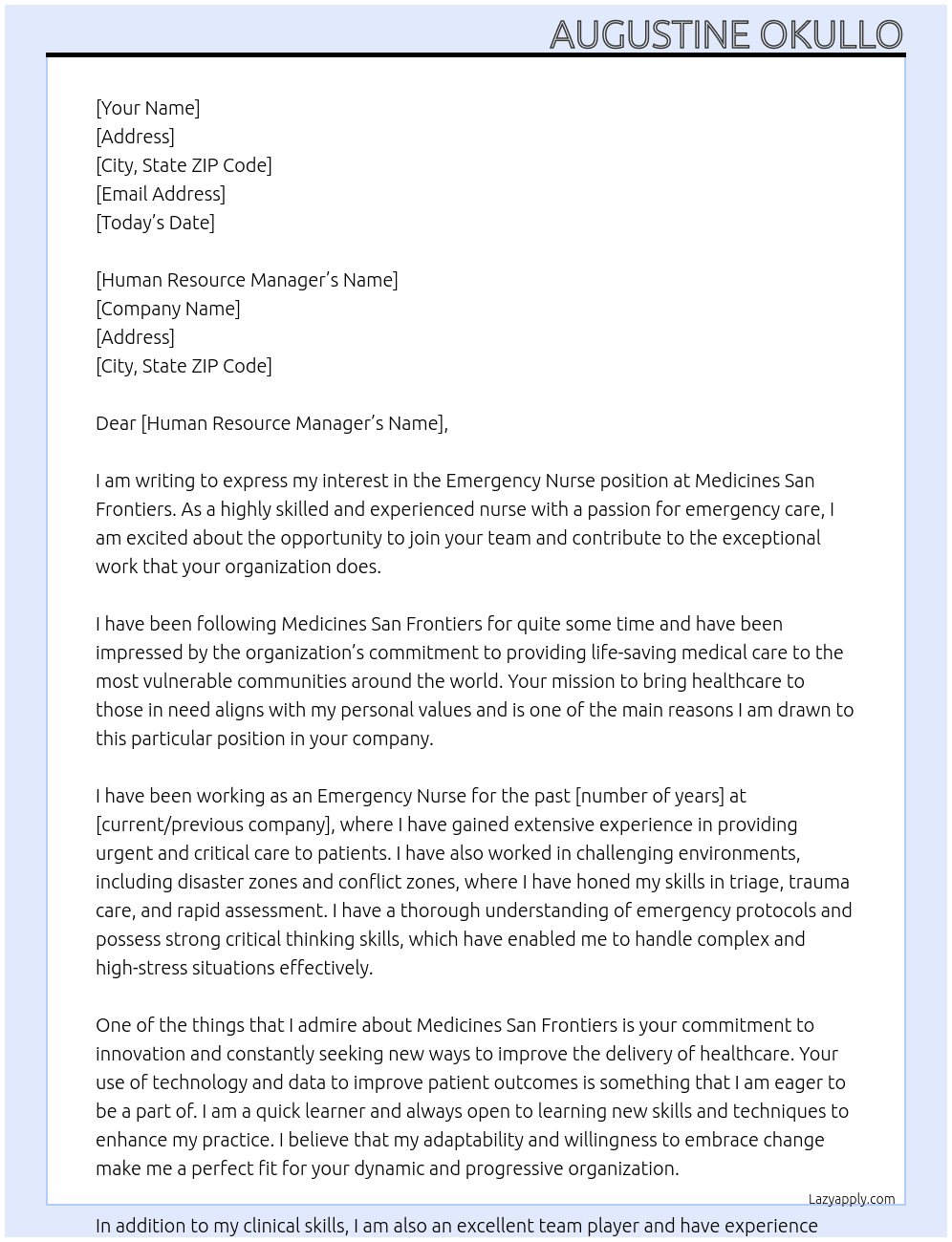 Emergency Nurse At medicines San frontiers Cover Letter