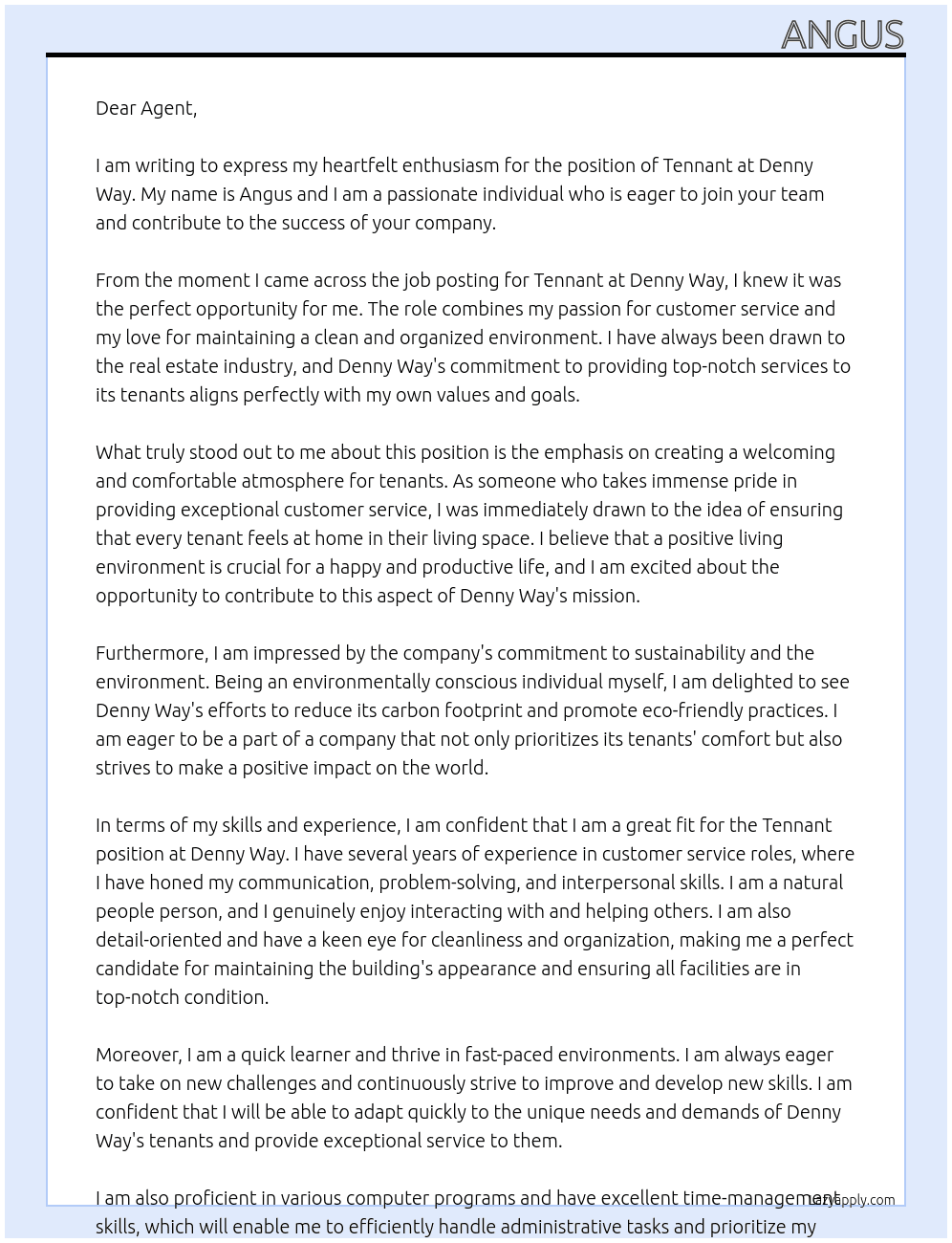 tennant At Denny Way Cover Letter