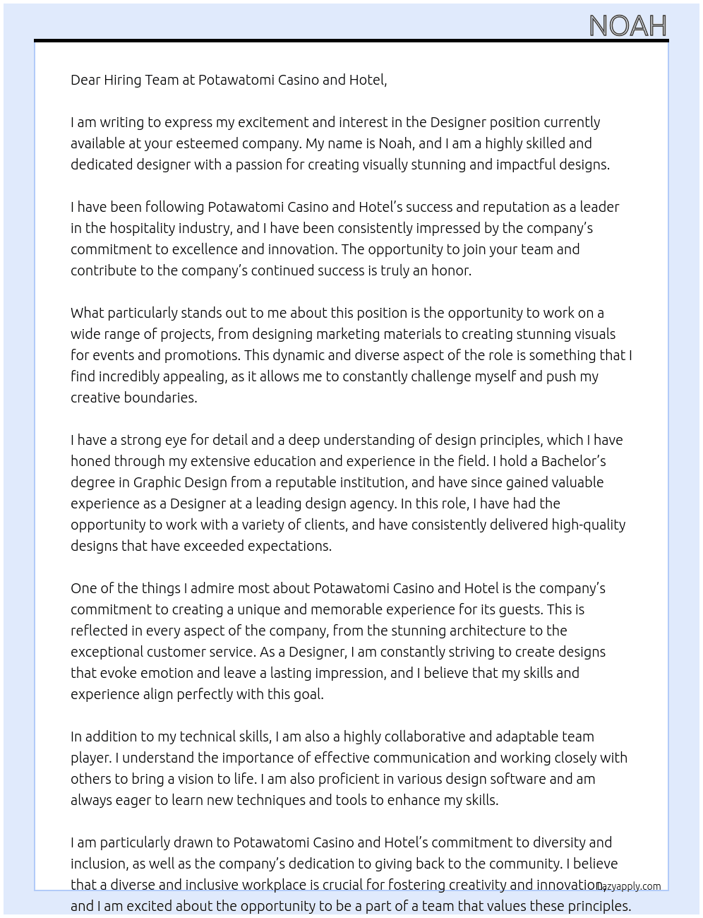 Designer At Potawatomi Casino and Hotel Cover Letter