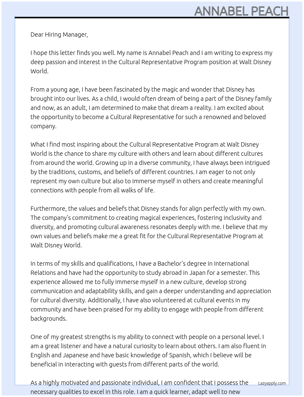 Cultural Representative Program  At Walt Disney World Cover Letter