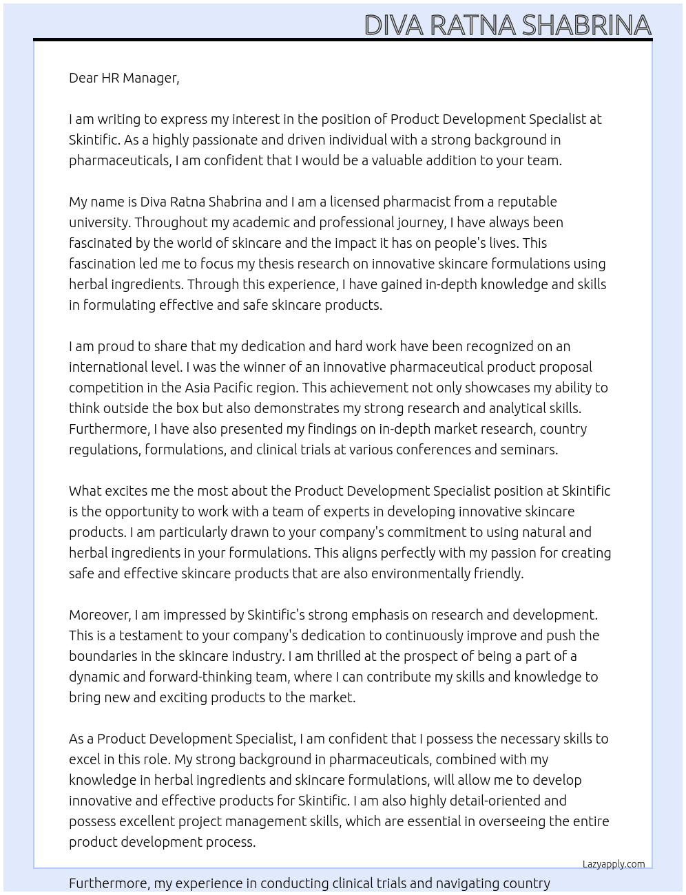 Product development specialist At Skintific Cover Letter
