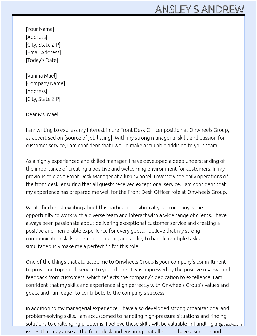 Front Desk Officer At Onwheels Group Cover Letter