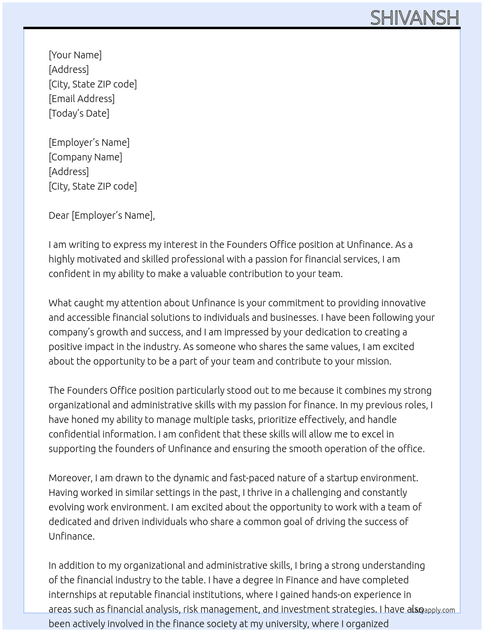 founders office At unfinance Cover Letter