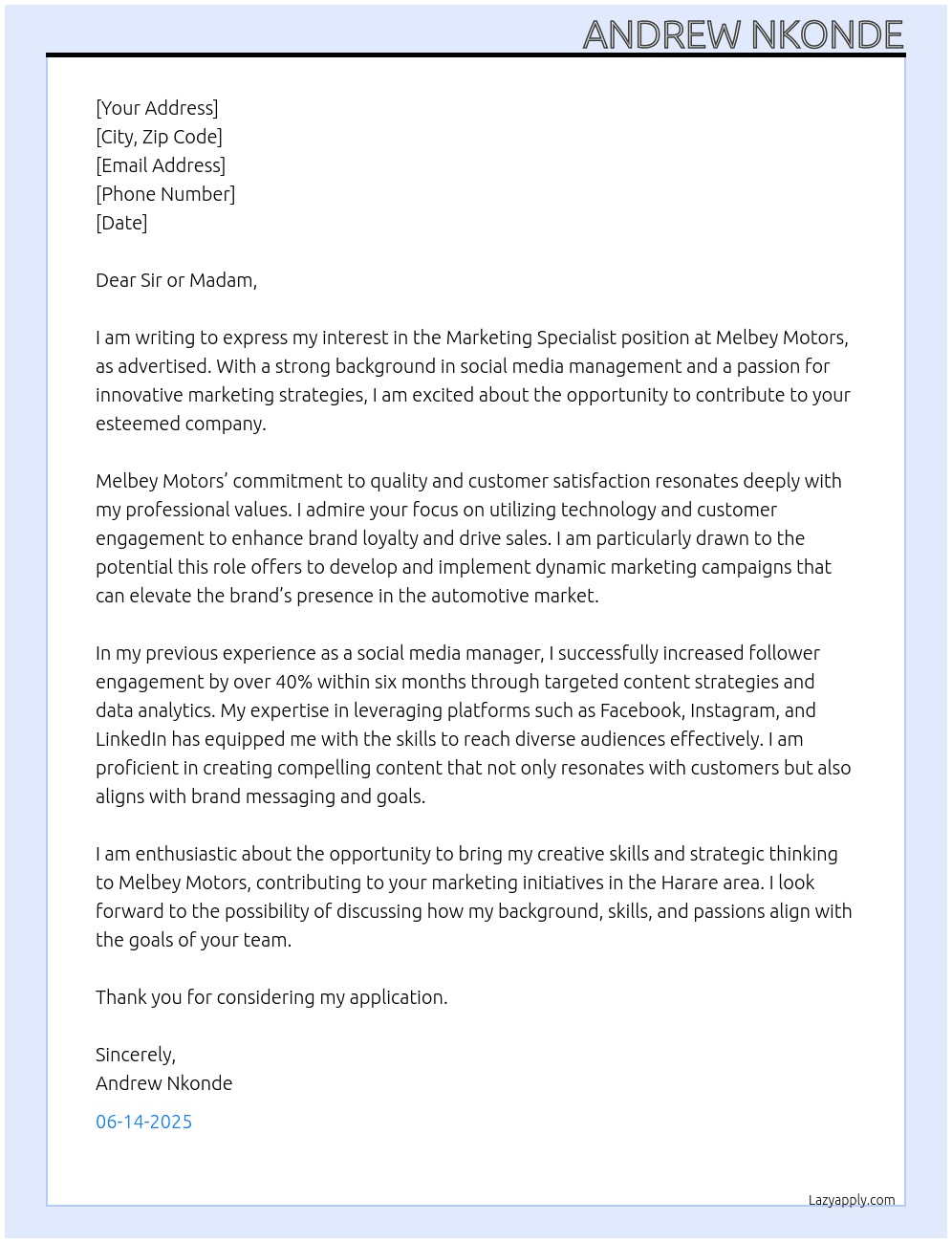 Marketing Specialist At Melbey Motors Cover Letter