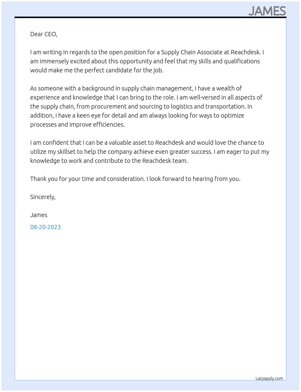 Supply Chain Associate At Reachdesk Cover Letter