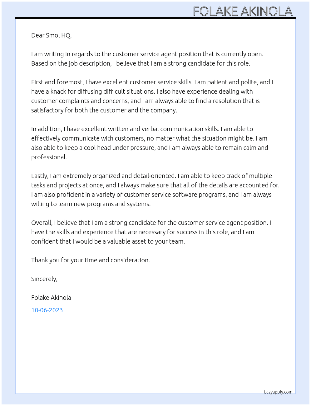 Customer service agent At Smol HQ Cover Letter