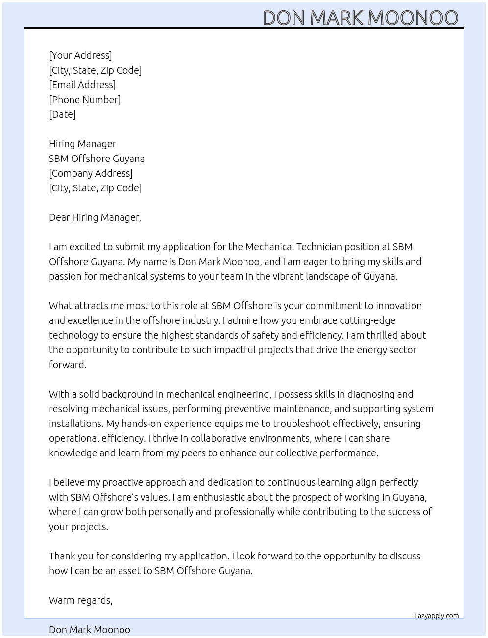 Mechanical technician At SBM offshore Guyana  Cover Letter