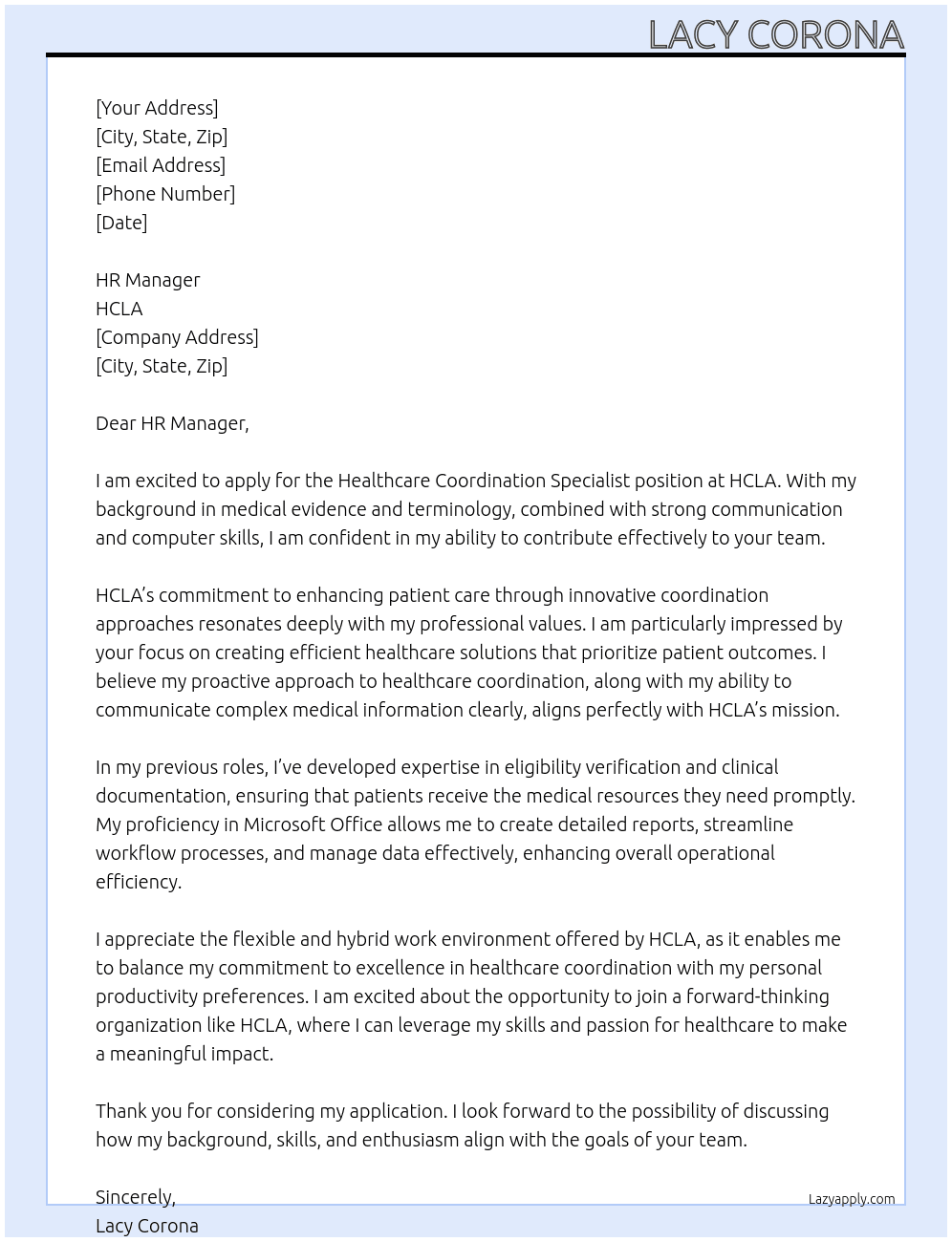 Healthcare Coordination Specialist At HCLA Cover Letter