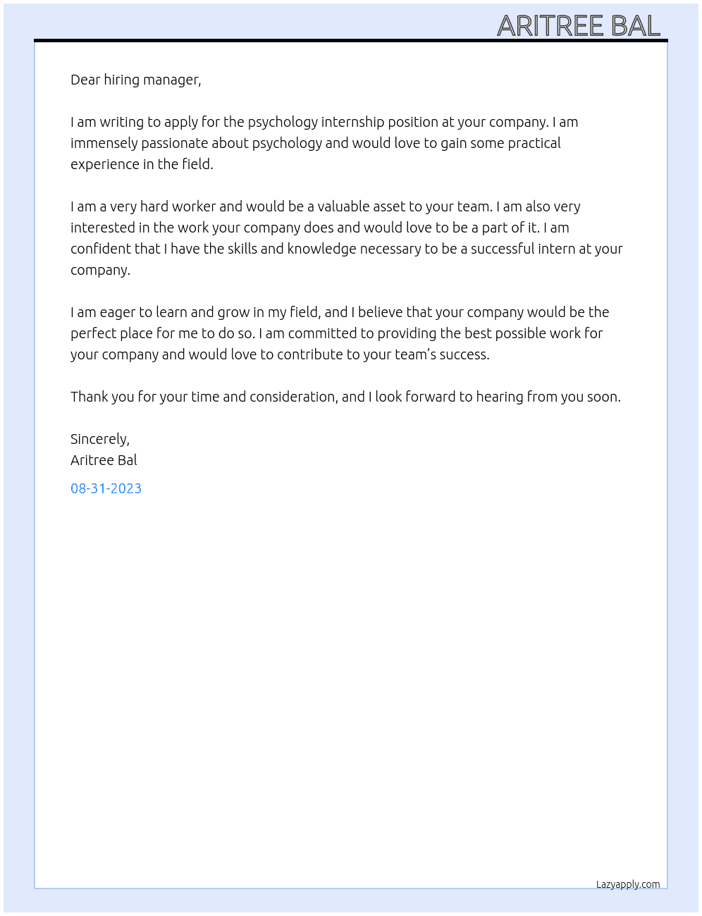 psychology internship At Psychology Cover Letter