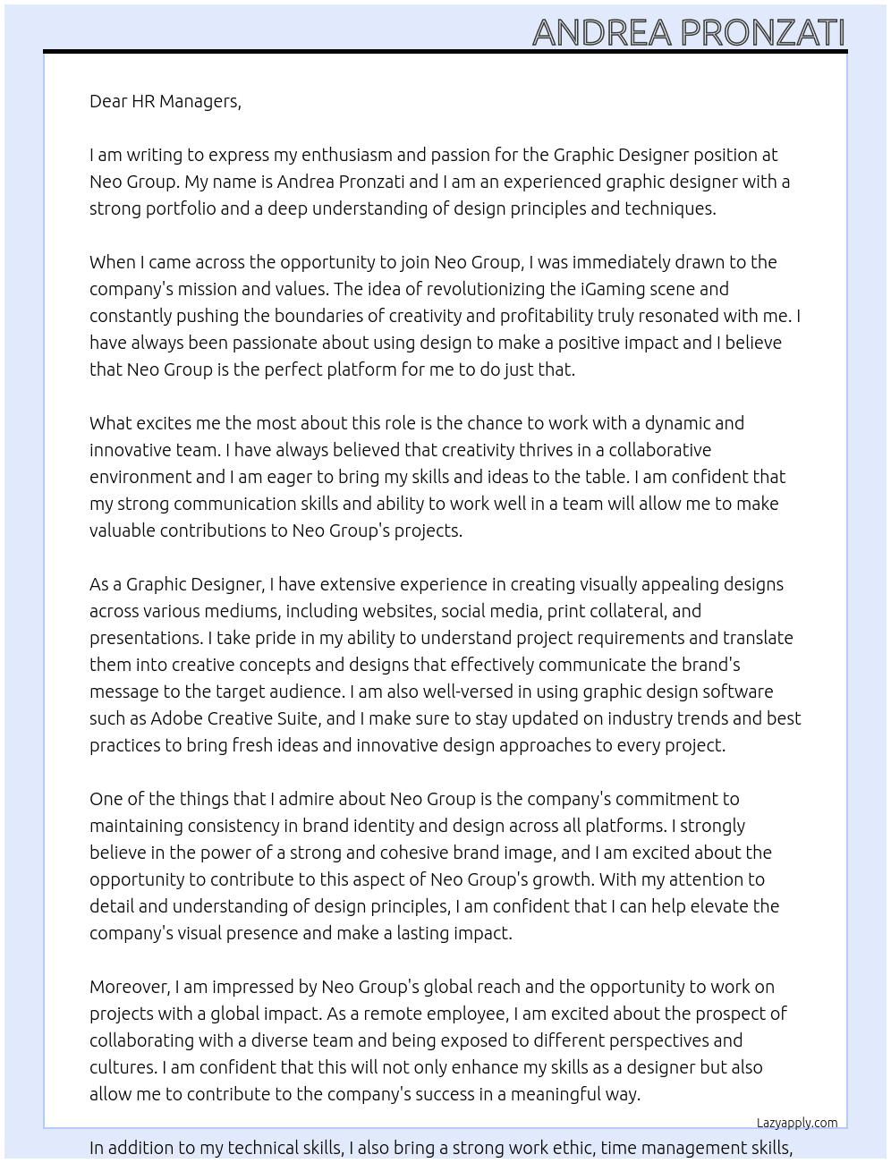 Graphic Designer At Neo Group Cover Letter