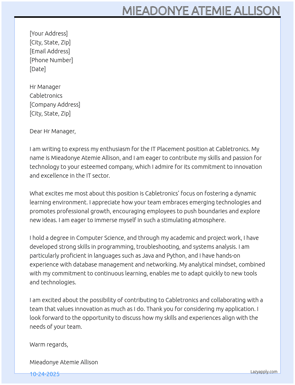 Cover letter for i.t placement - LazyApply