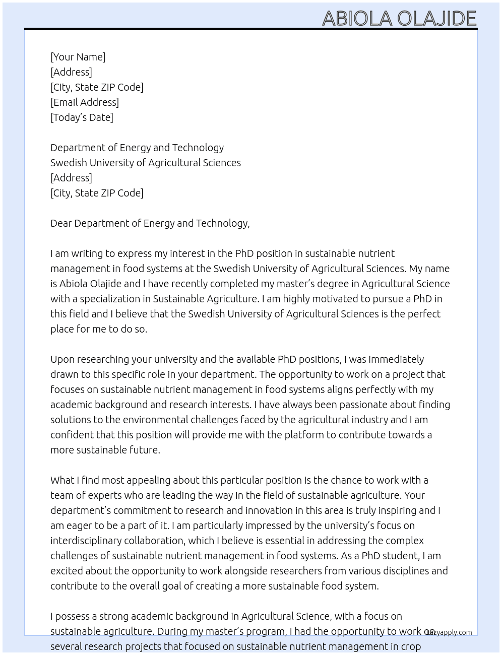 PhD position in PhD student in sutainable nutrient management in food systems At Swedish University of Agricultural Sciences Cover Letter