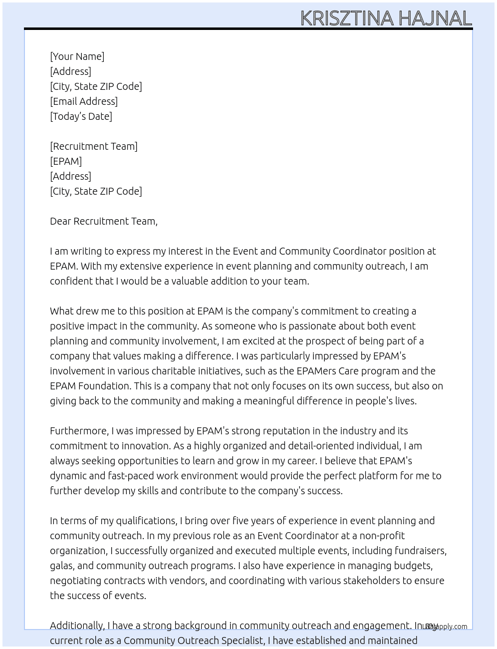 Event and Community Coordinator At EPAM Cover Letter