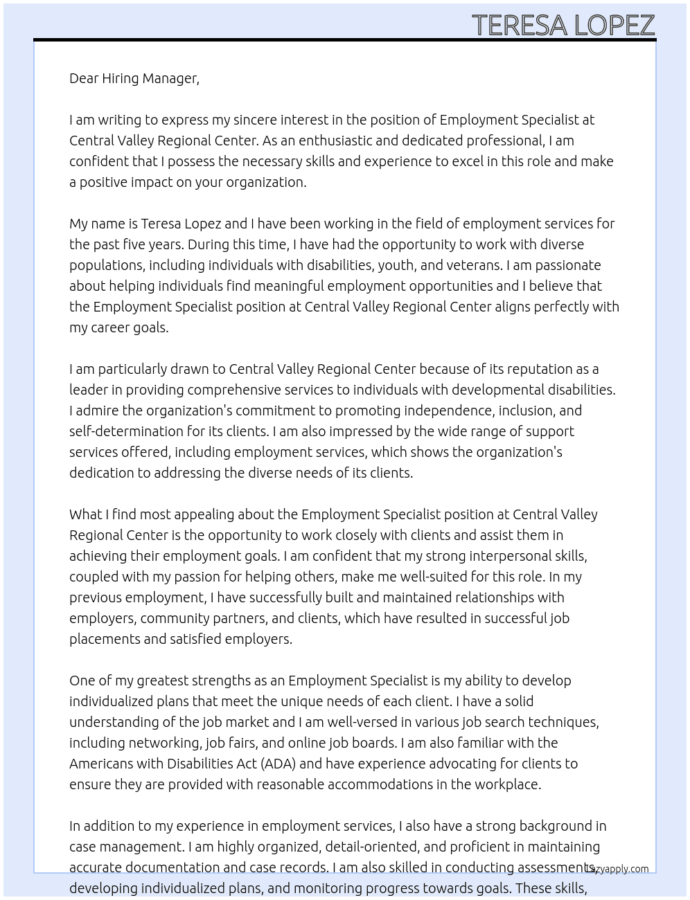 Employment Specialist  At Central Valley Regional Center Cover Letter