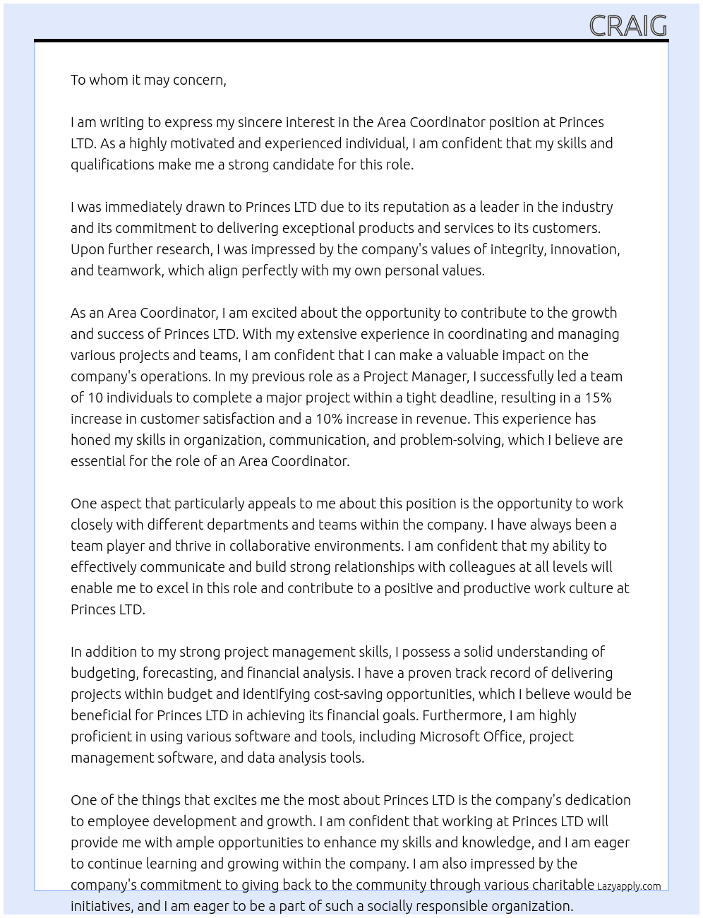 Area coordinator  At Princes LTD Cover Letter