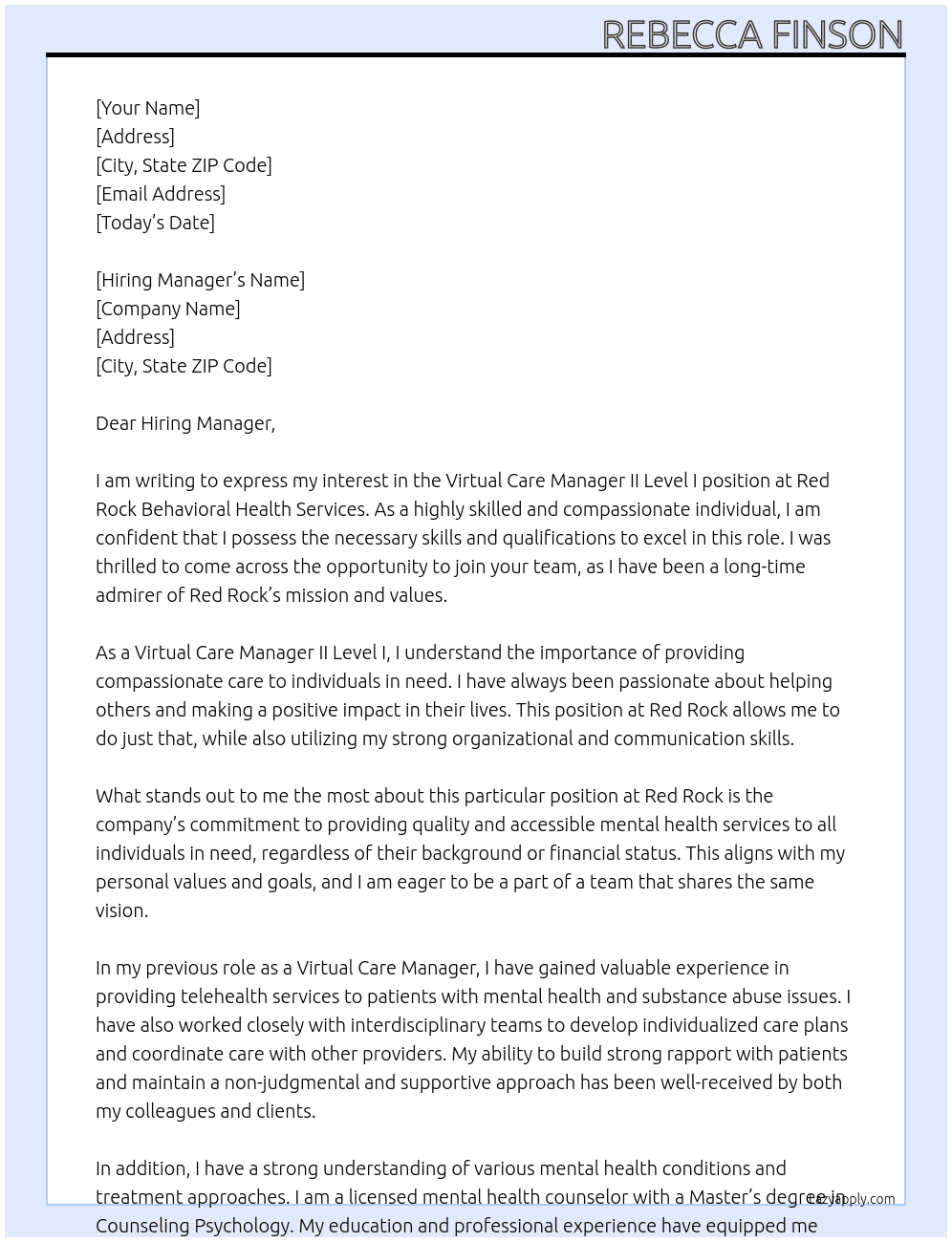 Virtual Care Manager II Level I At Red Rock Behavioral Health Services - US Cover Letter