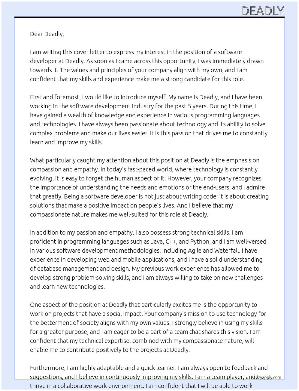 software developer At Deadly Cover Letter