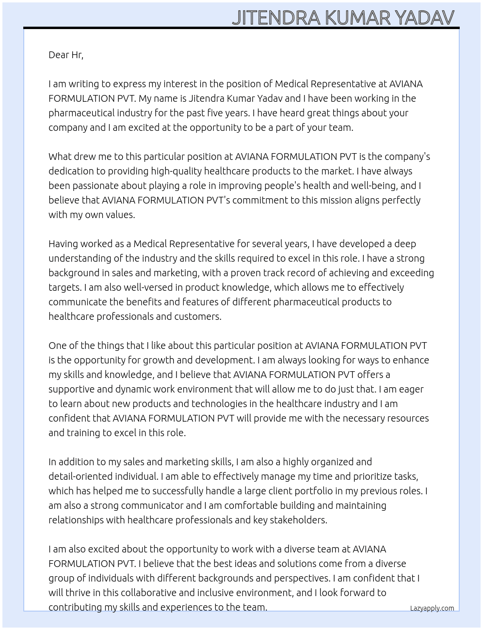 Medical representative  At AVIANA FORMULATION PVT Cover Letter