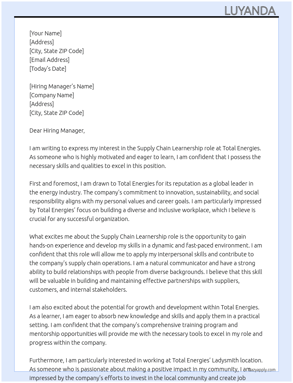 Supply chain learnership  At Total energies Cover Letter