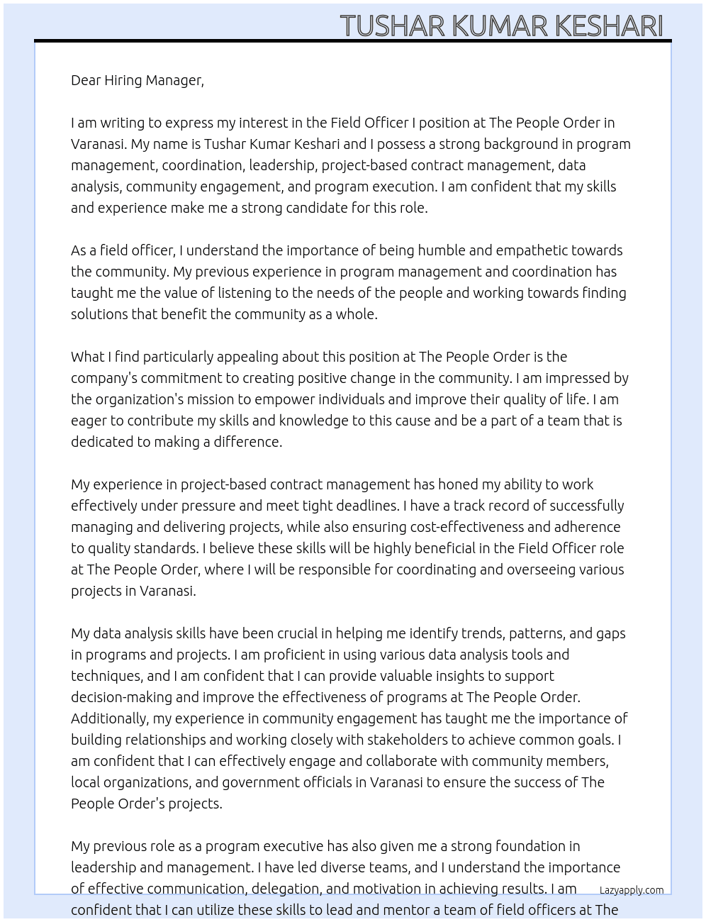 FIELD OFFICER I Varanasi Job Application Apply  At The People Order Cover Letter