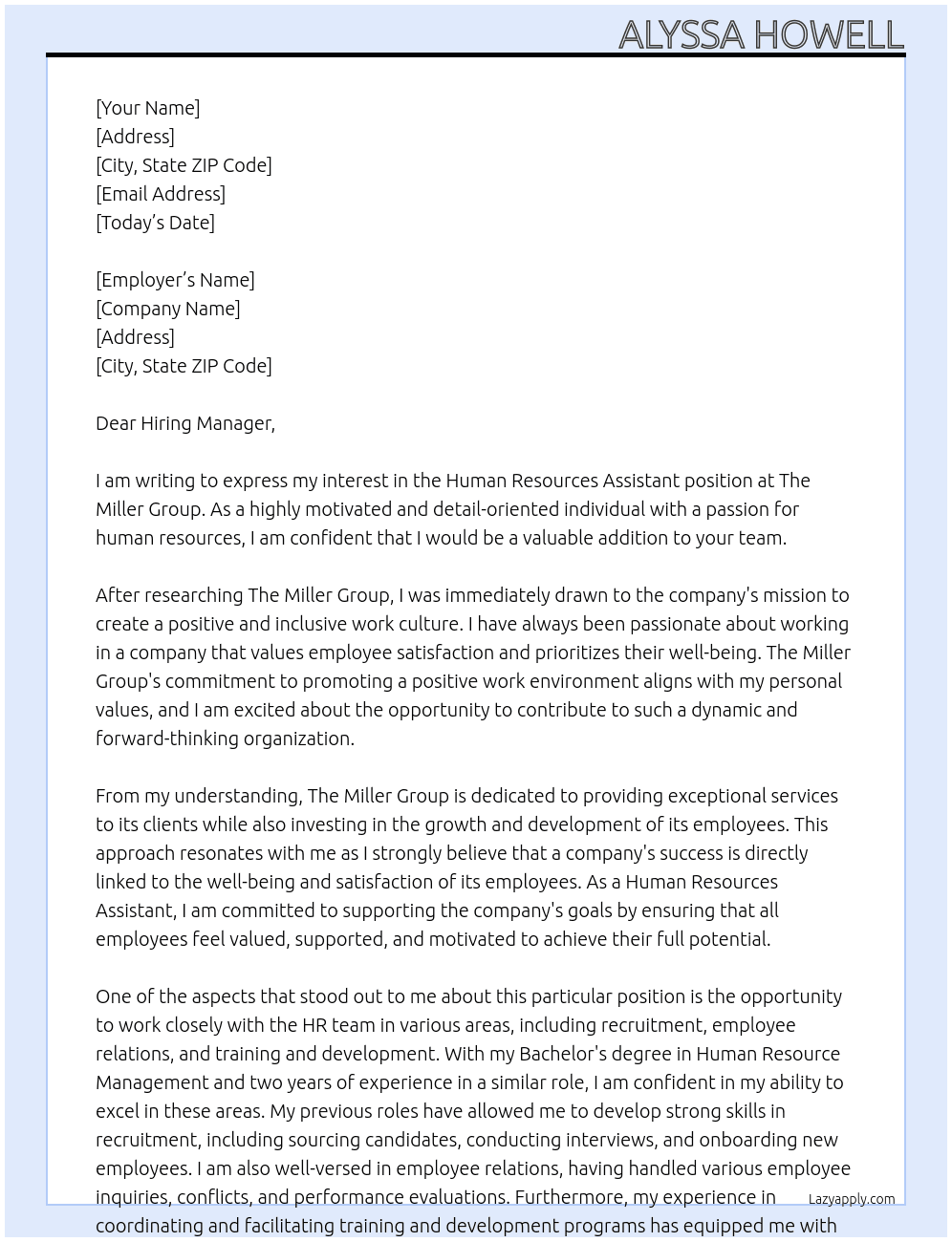 Human Resources Assistant At The Miller Group Cover Letter