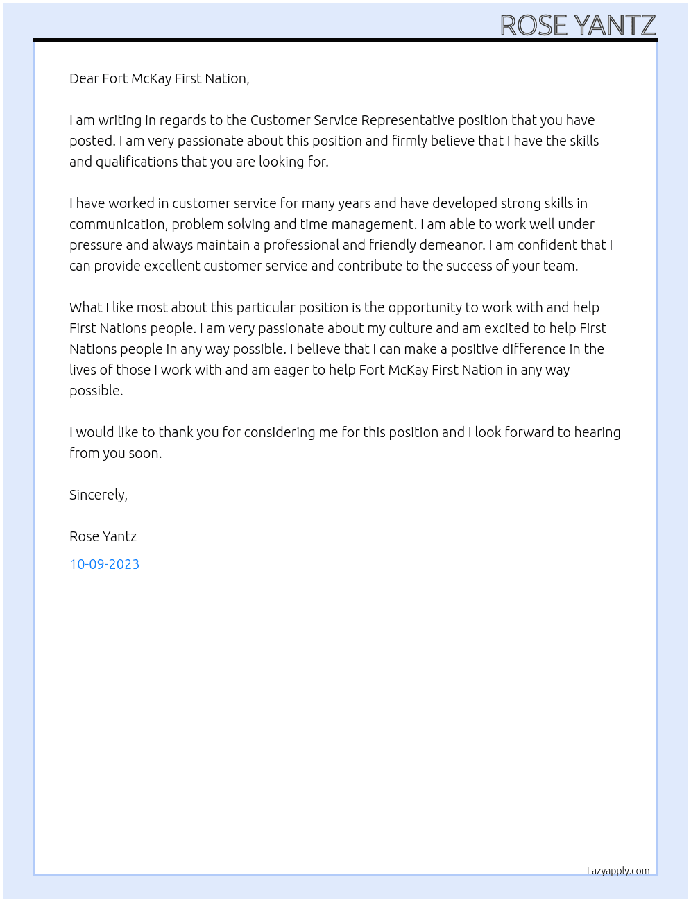 Customer service representative  At Fort McKay First Nation Cover Letter