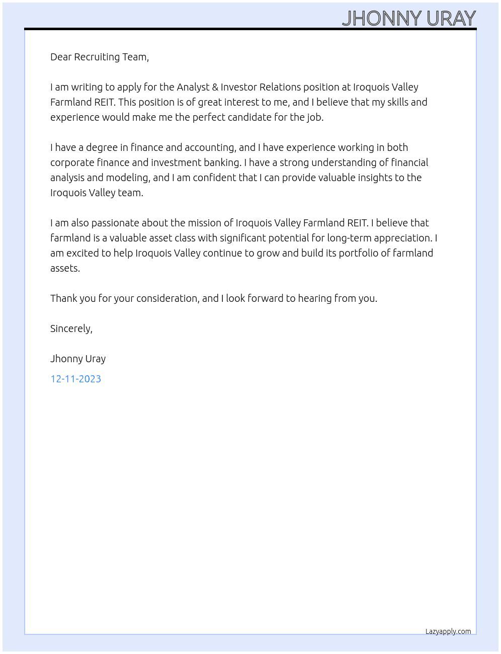 Analyst & Investor Relations At Iroquois Valley Farmland REIT Cover Letter