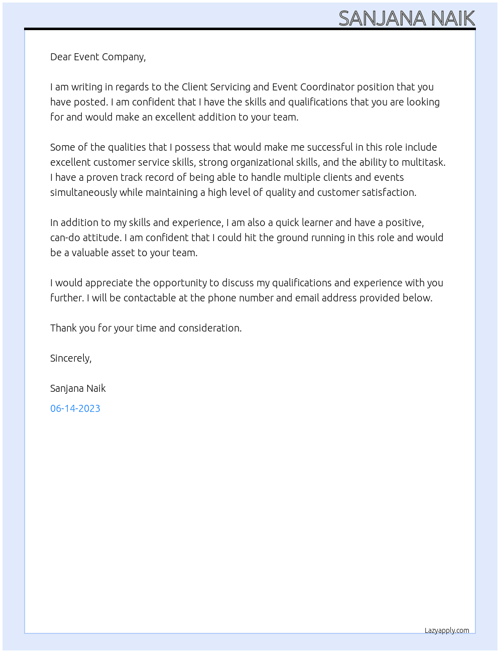 Client Servicing and Event Coordinator At Event Company  Cover Letter