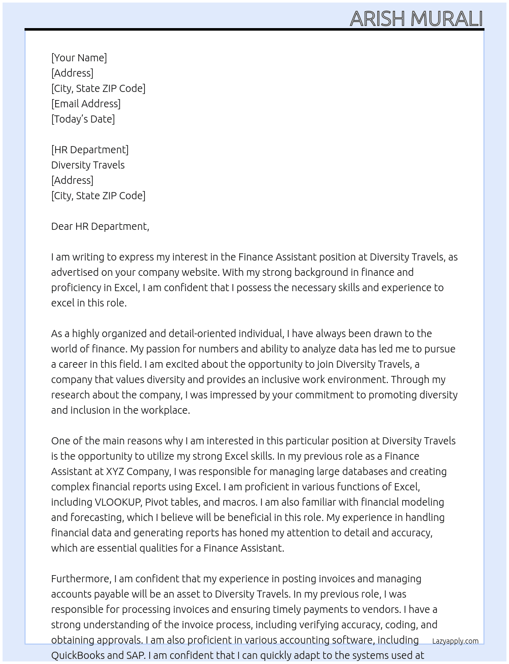 Finance Assistant At Diversity Travels Cover Letter