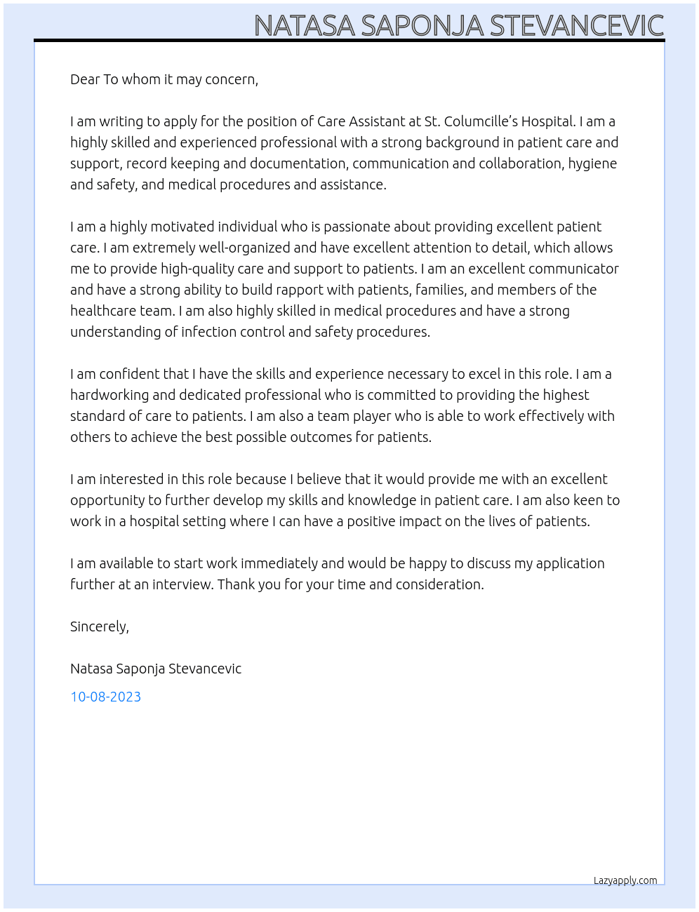 Care assisstant At St. Columcille’s Hospital Cover Letter