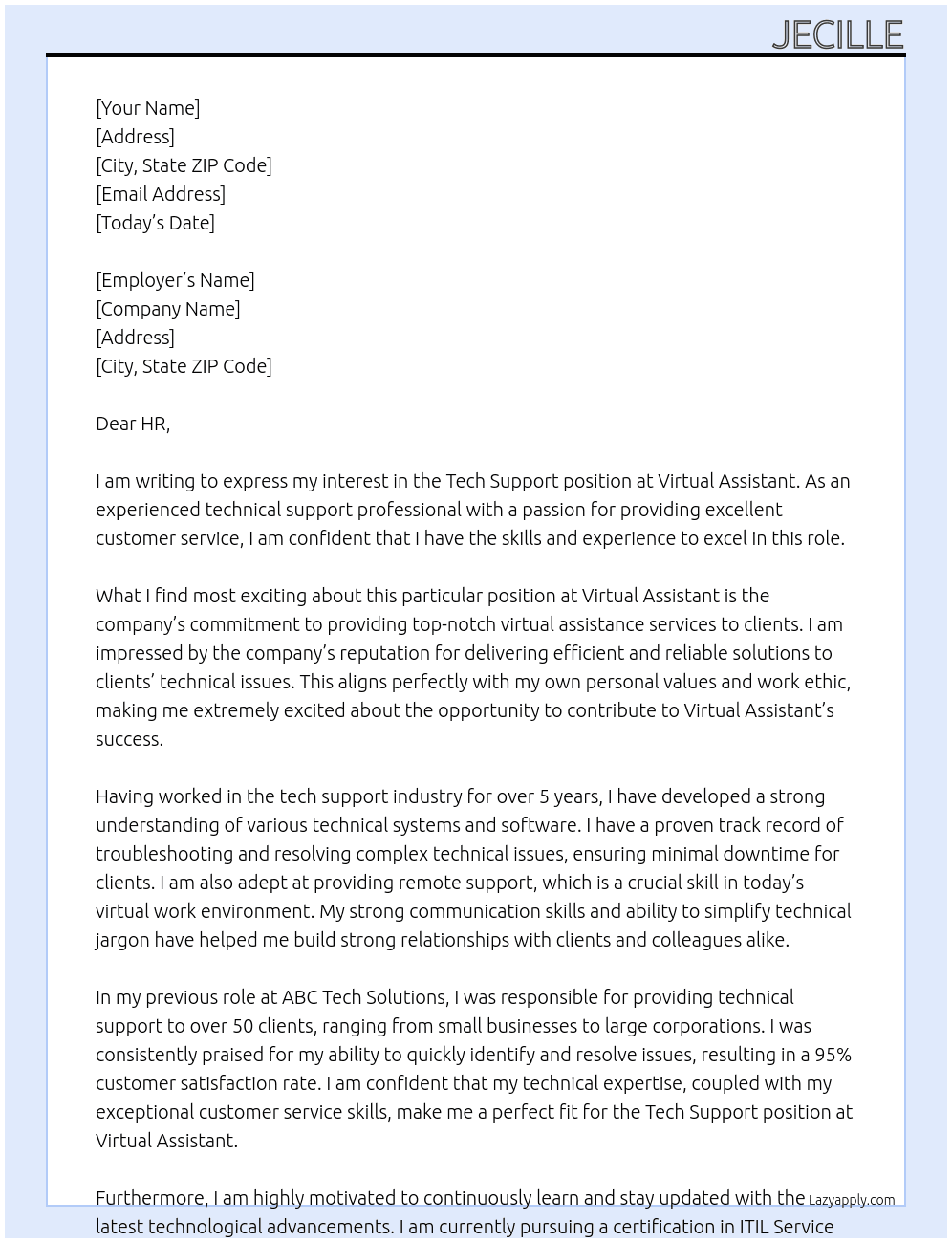 Tech Support At Virtual Assistant Cover Letter