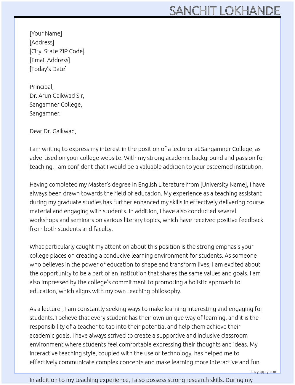 Application for post of lecturer  At Sangamner college, sangamner  Cover Letter