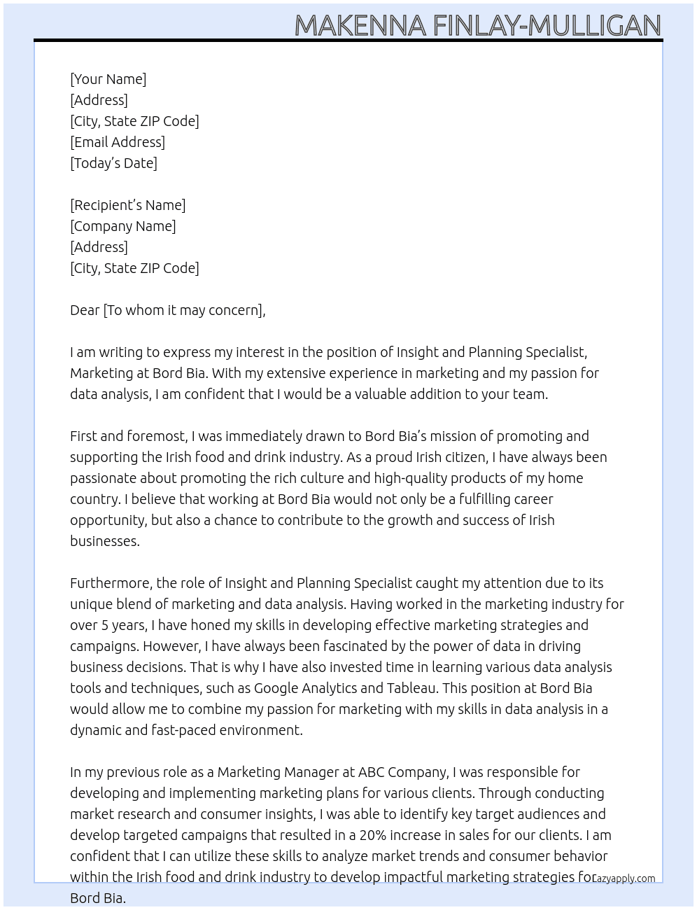 Insight and Planning Specialist, Marketing At Bord Bia Cover Letter