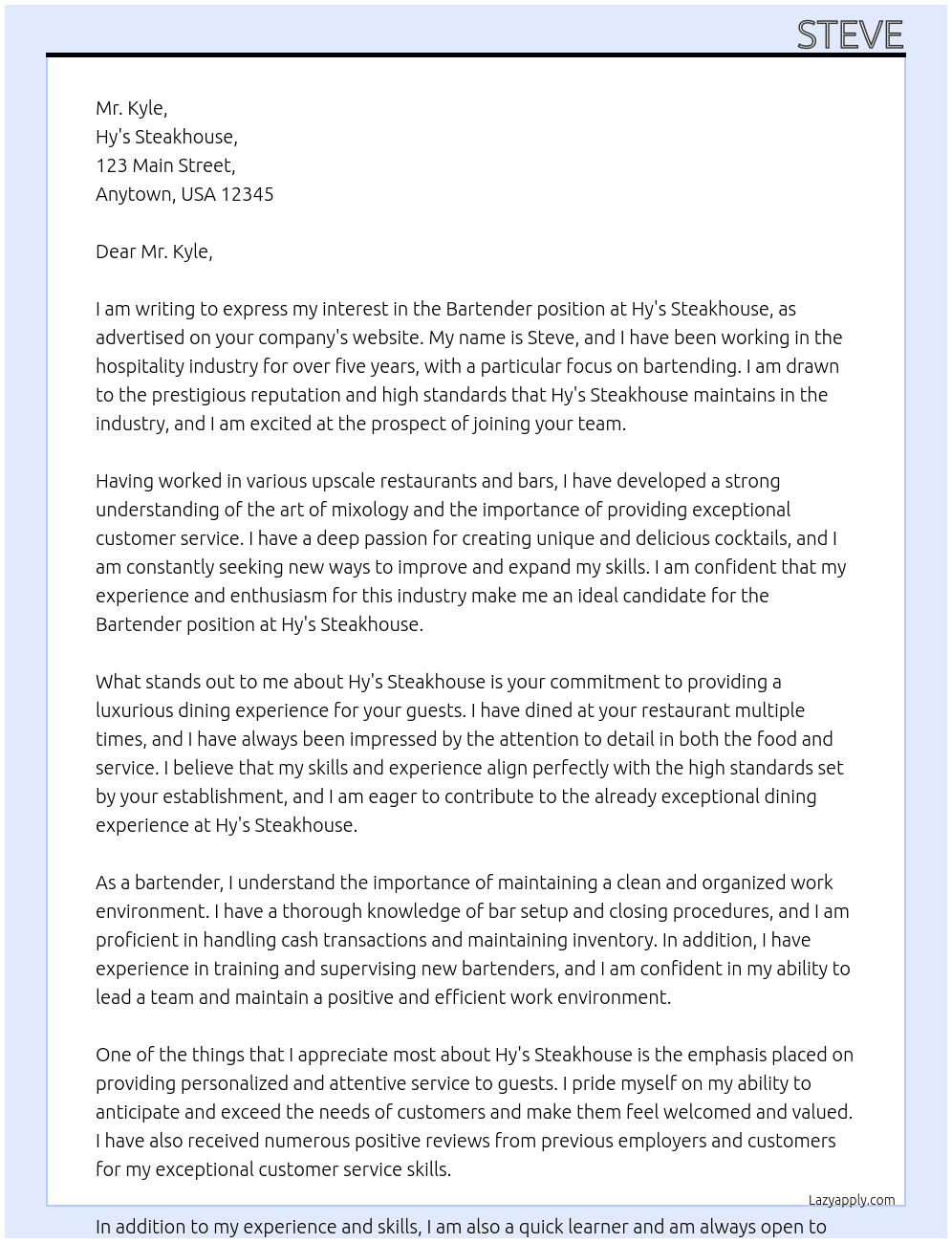 Bartender At Hy's Steakhouse Cover Letter