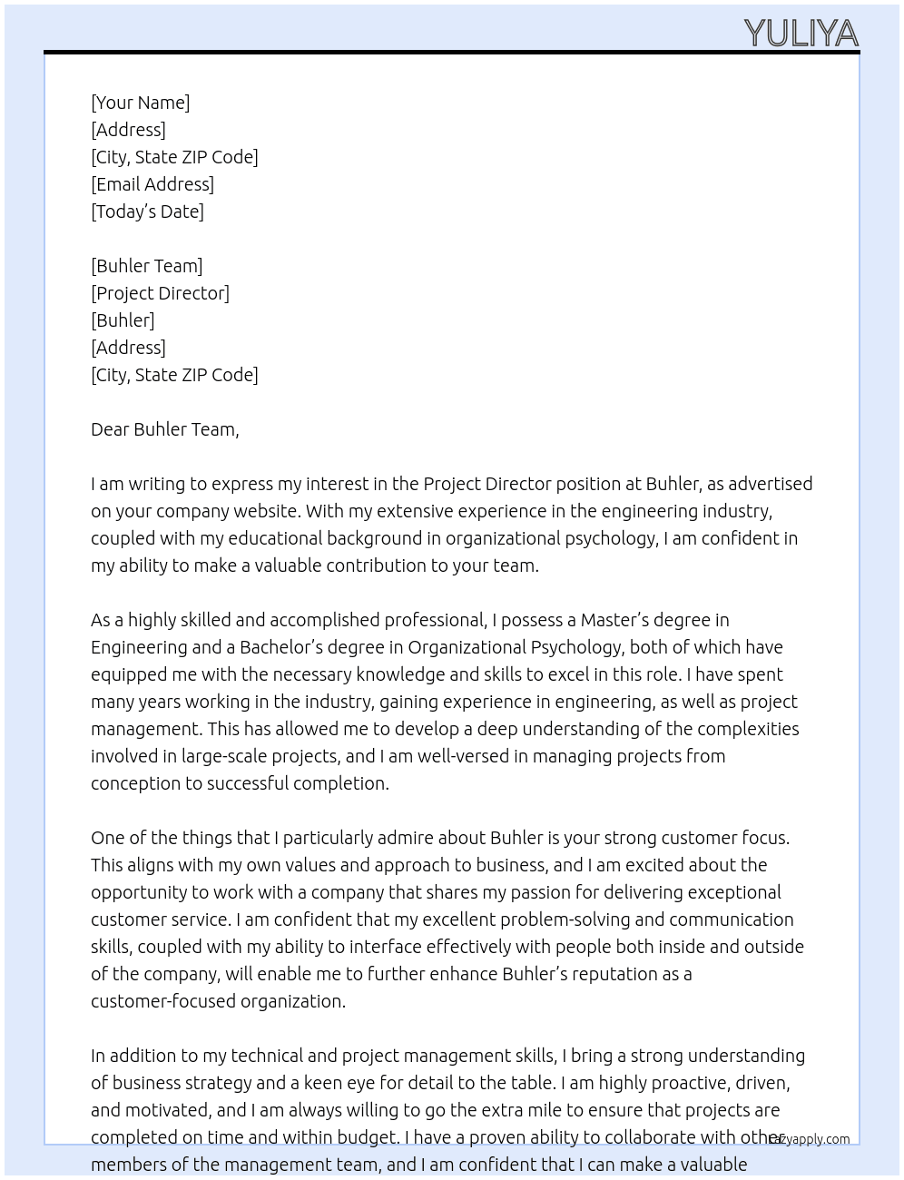Project Director At Buhler Cover Letter