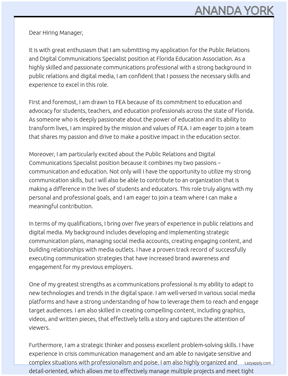 Public Relations and Digital Communications Specialist At Florida Education Association Cover Letter