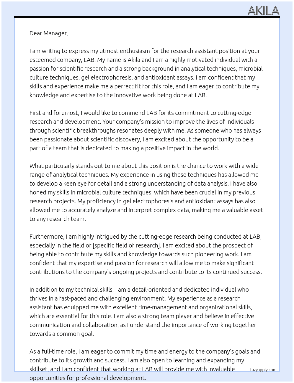 research assistant At lab Cover Letter